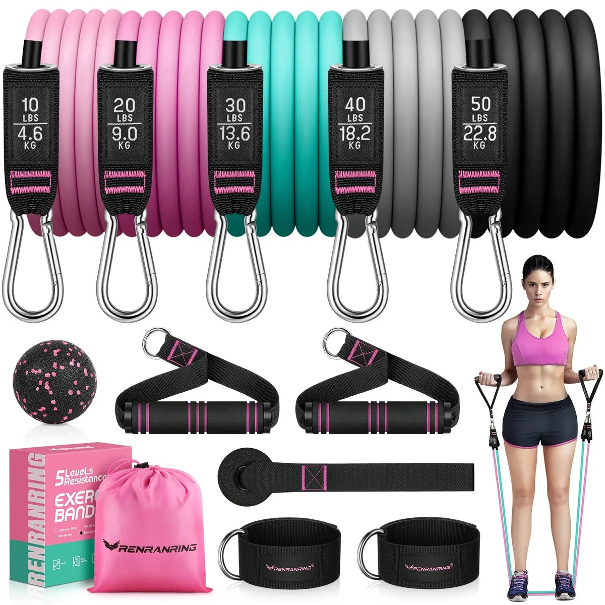 Set of five colour-coded latex tubes 51 inch long with handles, ankle straps, door anchor and storage bag