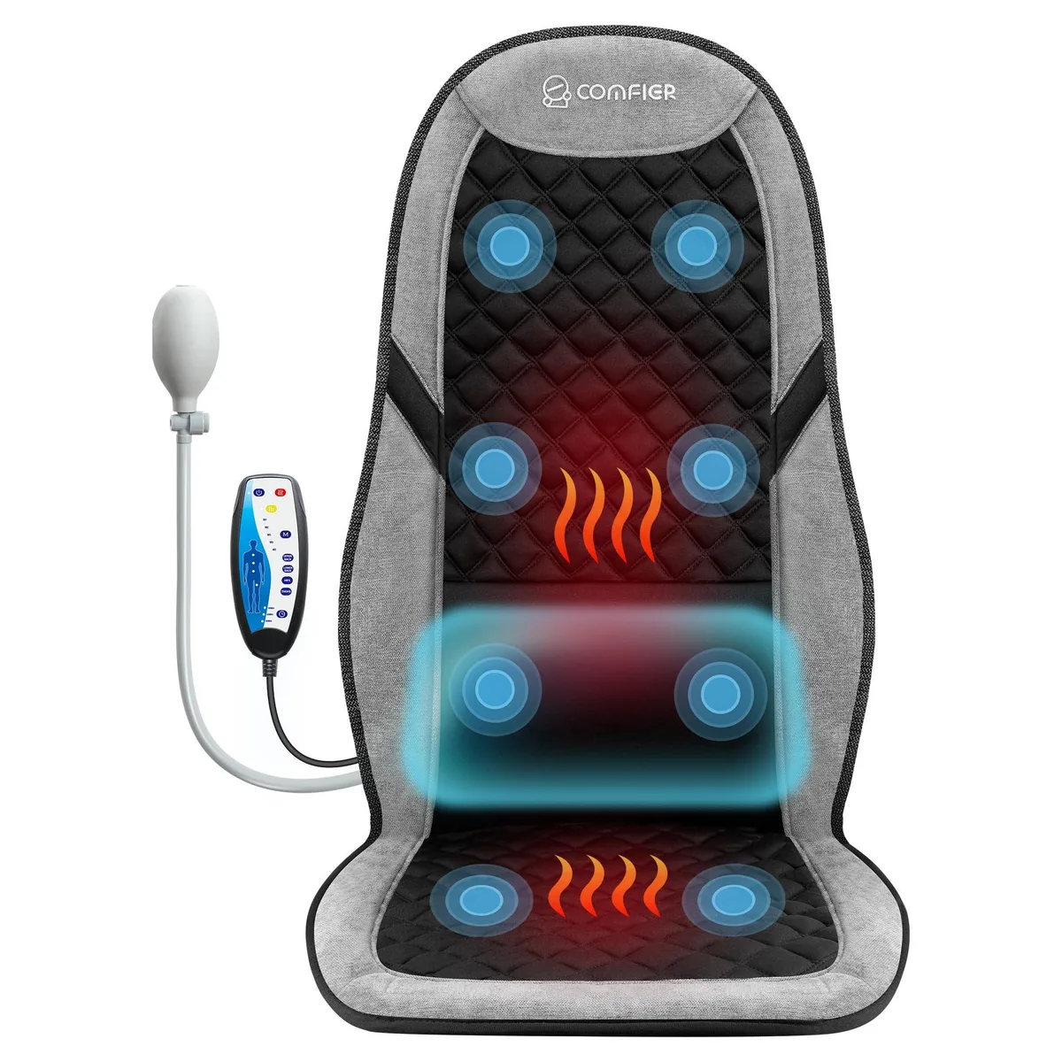 Black leather massage mat with adjustable lumbar support cushion, rectangular shape, corded controller attached