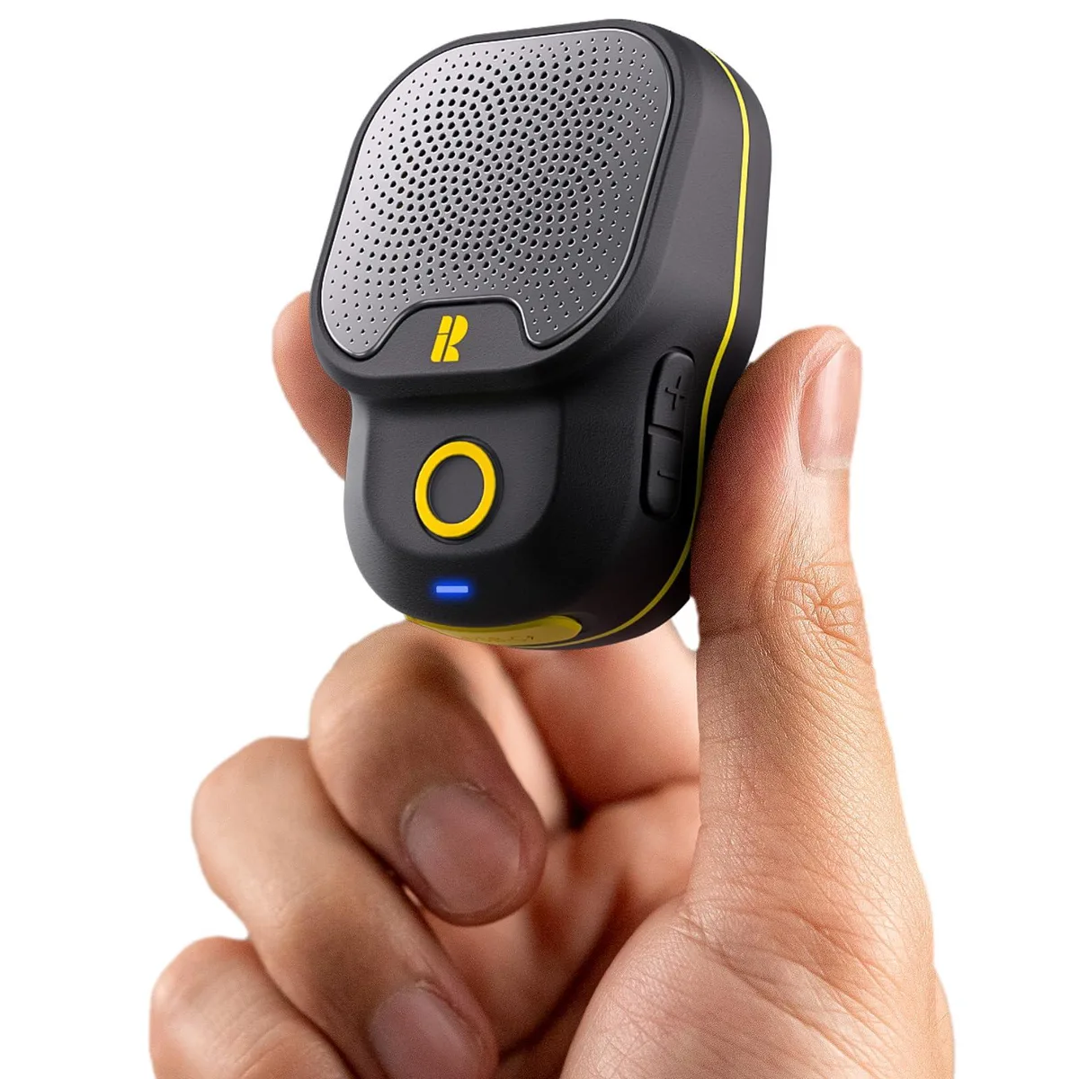 Small yellow clip-on speaker, rectangular with rounded edges, matte finish, clip on back