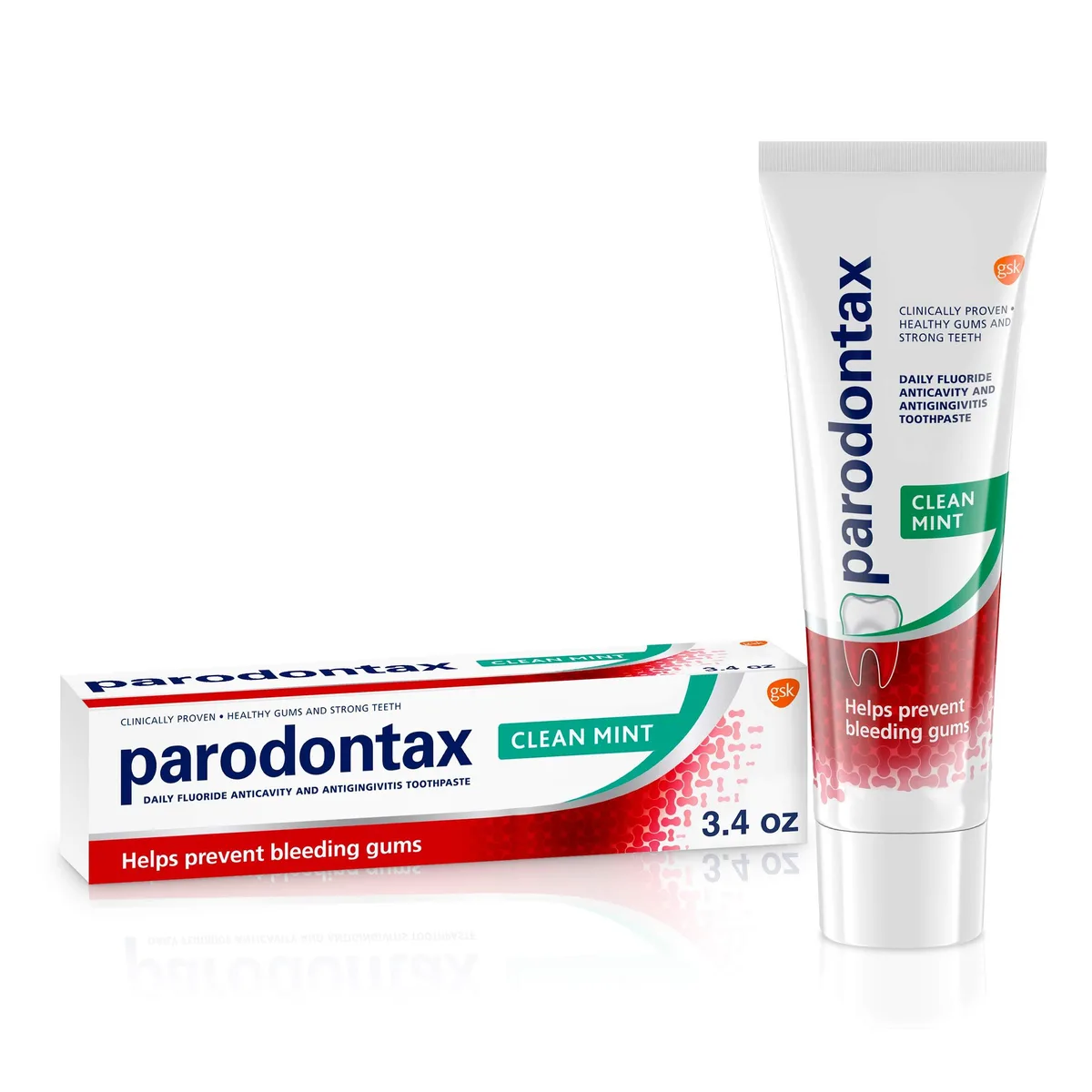 White rectangular tube with flip cap, clean mint toothpaste, 3.4 oz