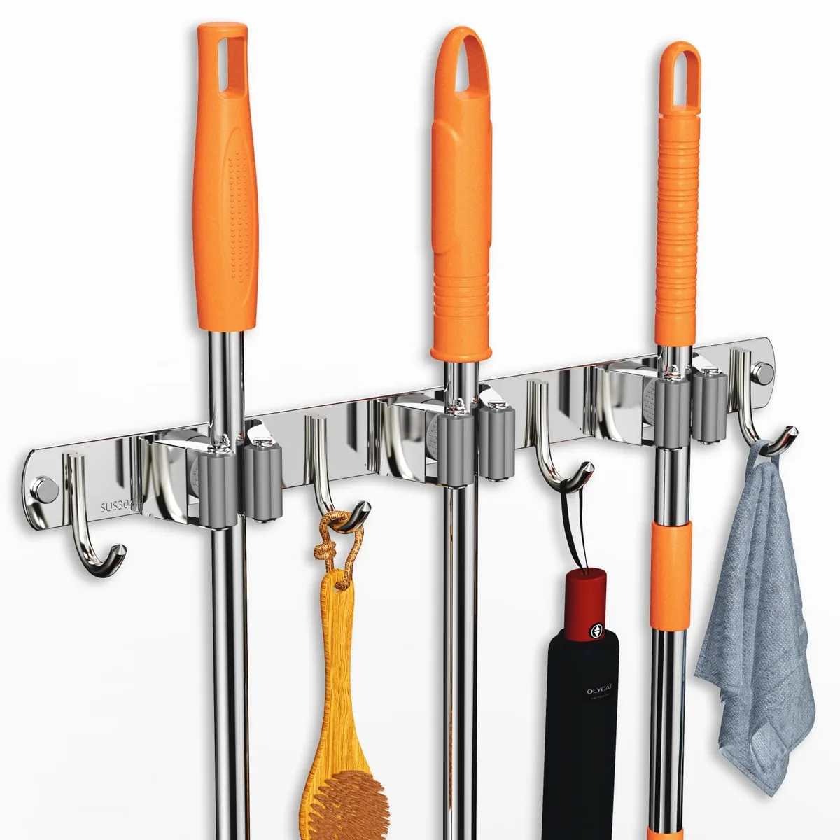 Stainless steel wall mount with three grippers and four hooks