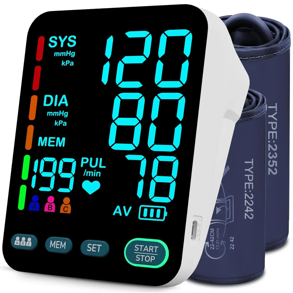  OWNQOBE A02-BE blood pressure monitor, 2 cuffs, 35s, 3×199 memory — product photo