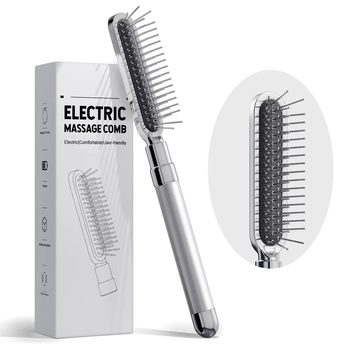 Silver electric scalp massager with rounded metal bristles and cushioned base