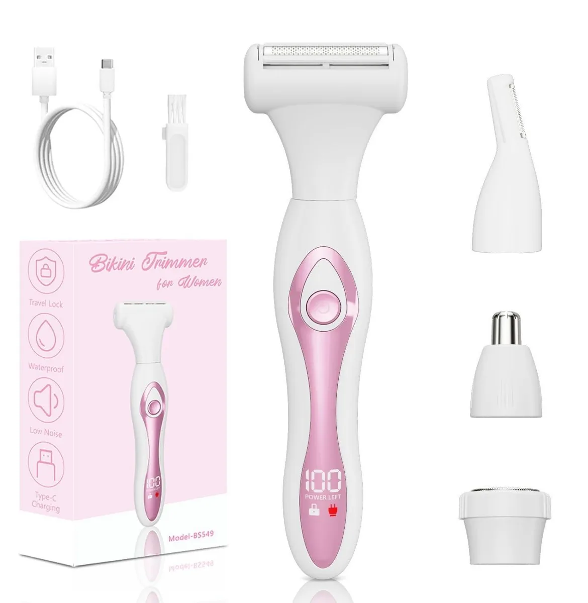 Pink cordless foil shaver with detachable head and USB-C charging