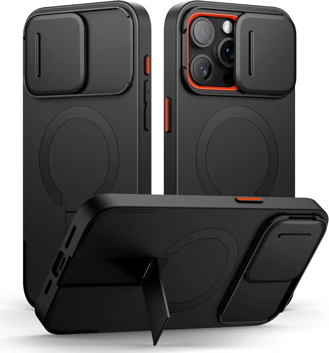 Black protective case for iPhone 15 Pro Max with magnetic camera slide cover and adjustable kickstand