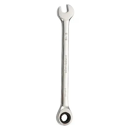 A silver ratcheting combination wrench with double hex box ends and a one-piece alloy steel handle