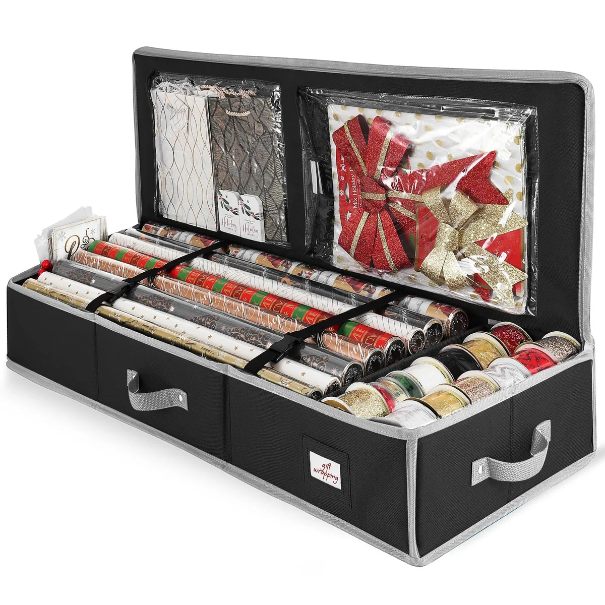 Black rectangular fabric storage box with zipper and handles, 40 x 14 x 6 inches