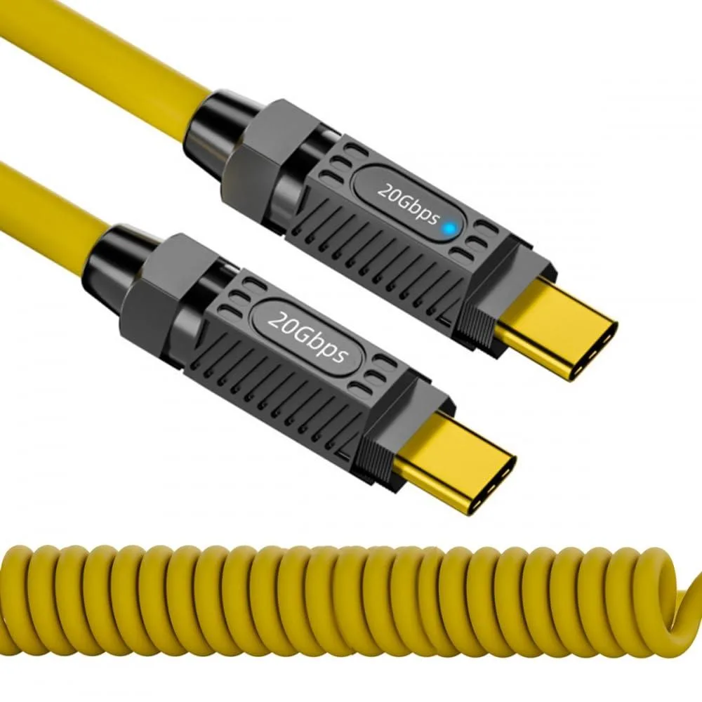 Coiled USB-C cable with male-to-male connectors, 180cm extended length