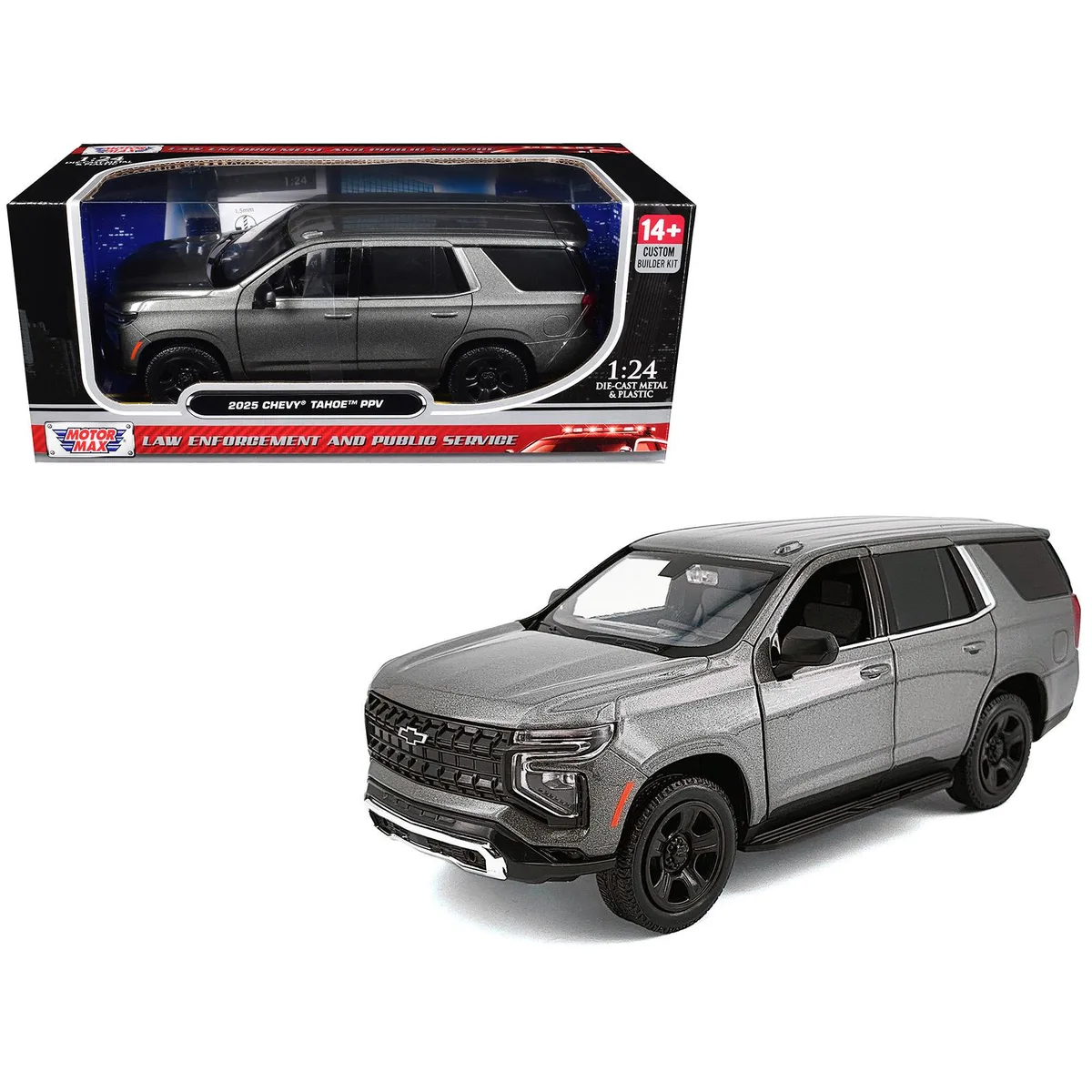 MOTORMAX MOTORMAX 2025 Chevrolet Tahoe PPV Dark Gray Metallic Custom Builder's Kit 1/24 Diecast Model Car — product photo