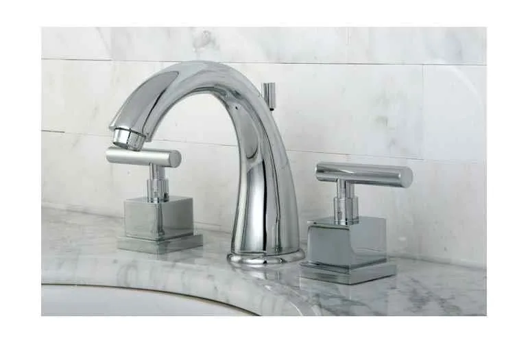 Chrome three-hole widespread faucet with two lever handles and matching pop-up drain