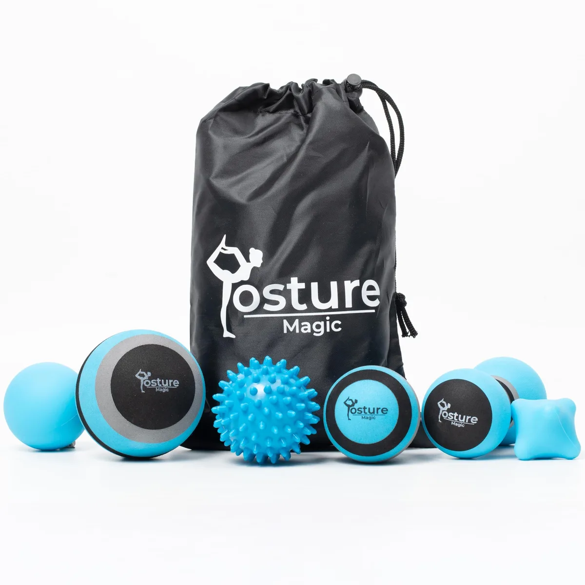 Six blue massage balls in varied shapes and textures inside a carry bag