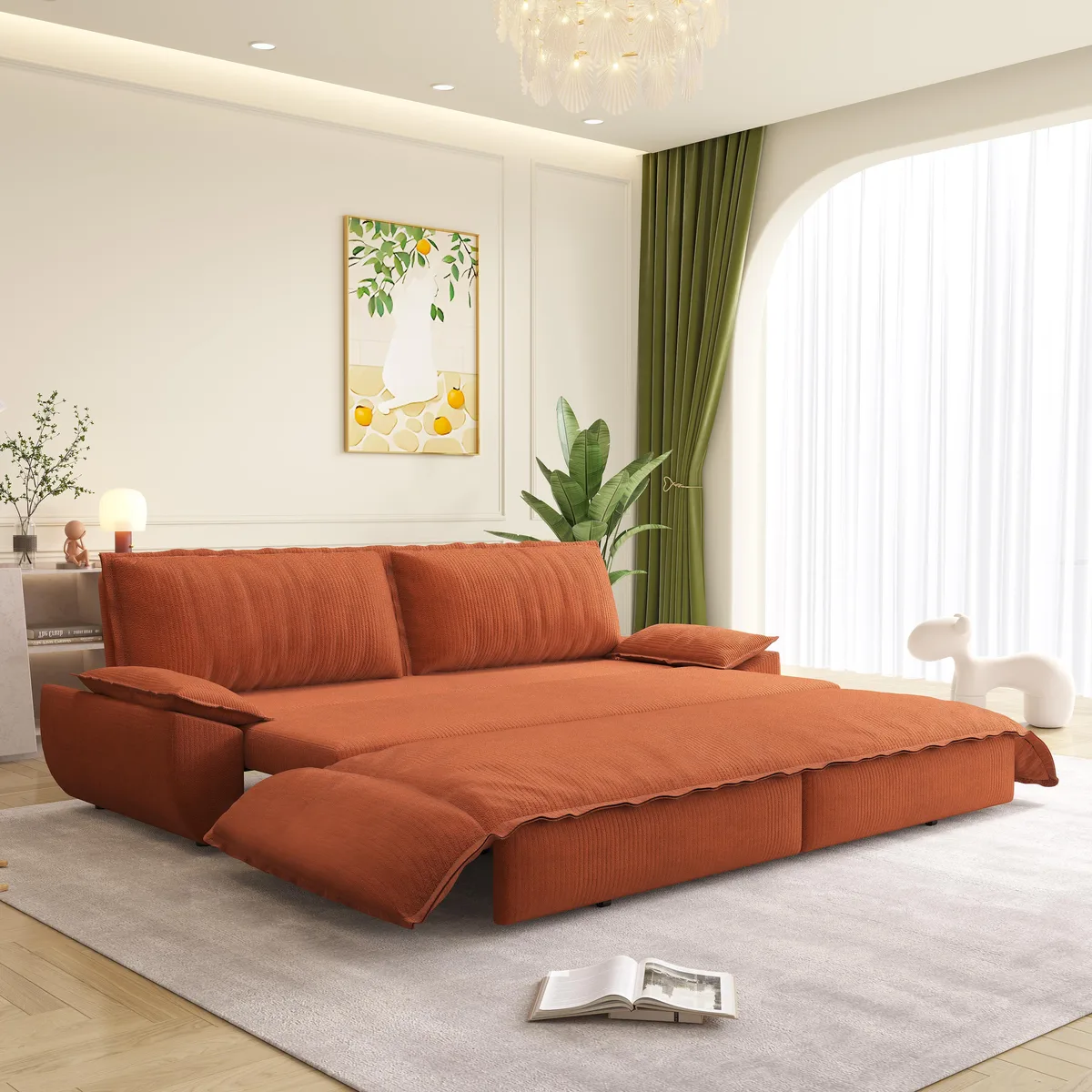 Orange corduroy queen pull-out sofa bed, 73.2 inches wide, convertible to chaise or bed