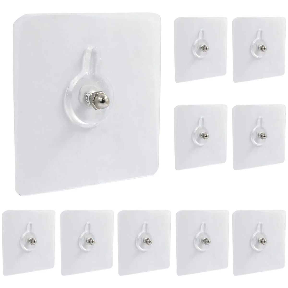 Ten clear square adhesive hooks with metal accents on a backing sheet