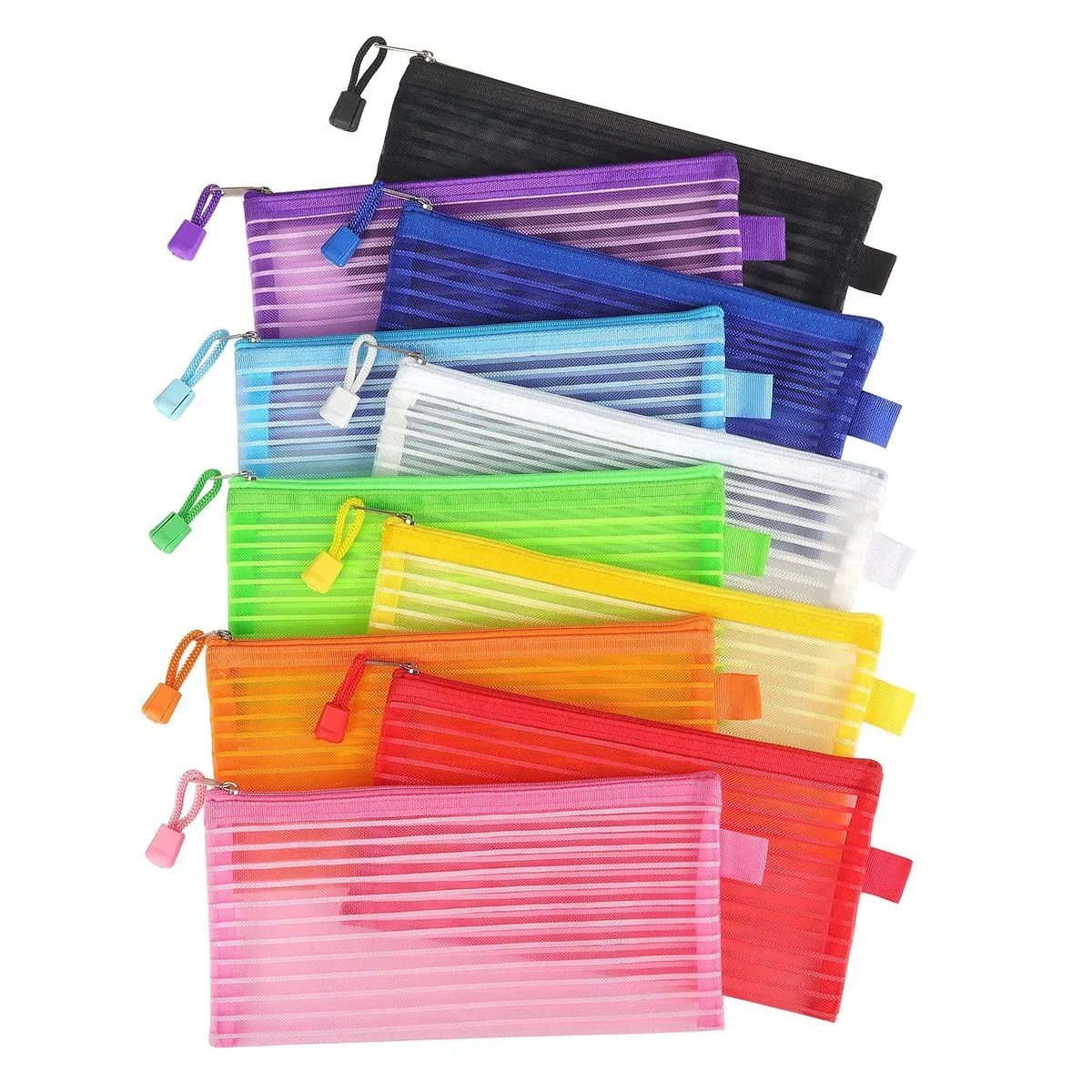Ten multicolour nylon mesh zipper pouches, each 23 by 12 centimetres