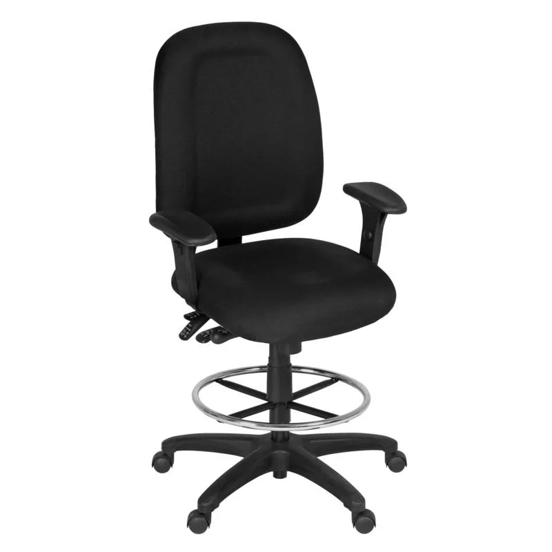 High-back fabric task chair with drafting stool kit and foot ring, black mesh back and grey fabric seat, five-star wheeled base