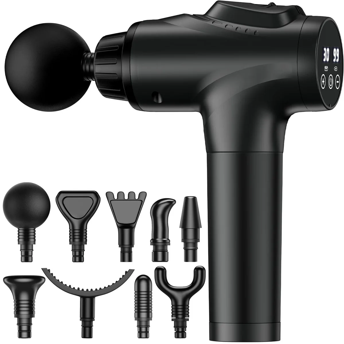 Black handheld massage gun with textured grip and interchangeable head visible