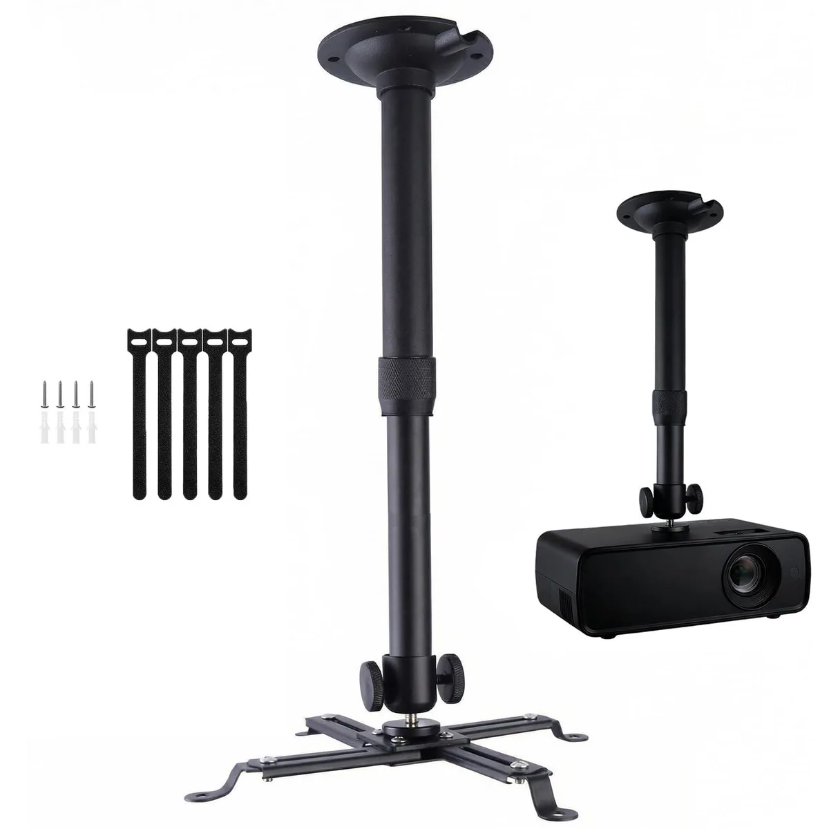 Black carbon steel ceiling mount with telescoping arm 11.7 to 17.2 inches, 360 rotation and 90 tilt