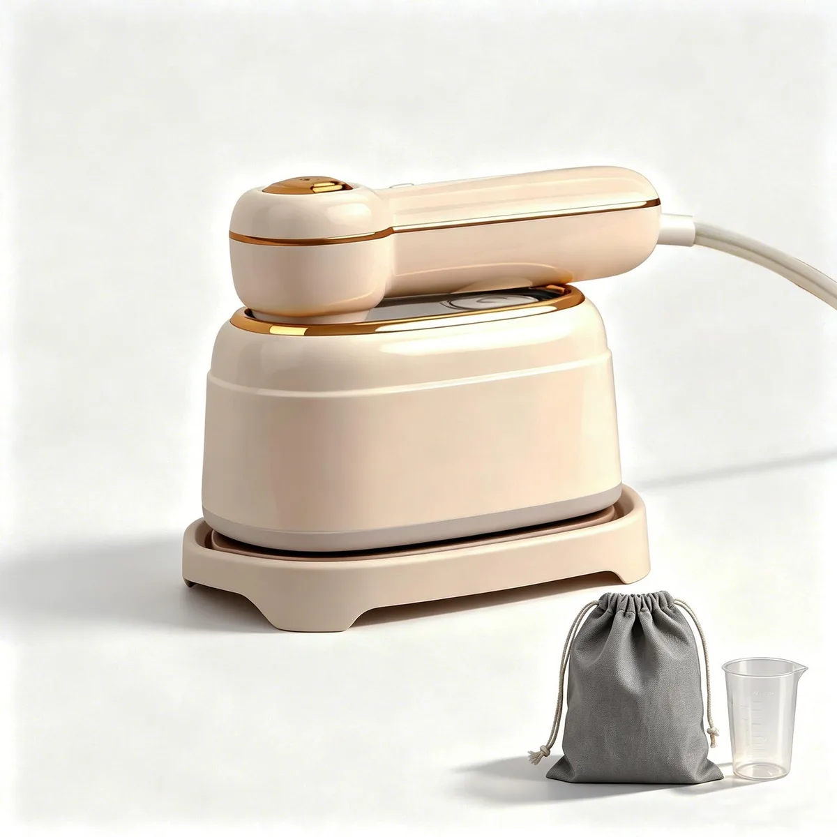 Beige handheld steamer with foldable 180-degree rotating handle and ceramic soleplate