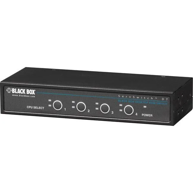 Compact beige desktop KVM switch with four front buttons and LEDs