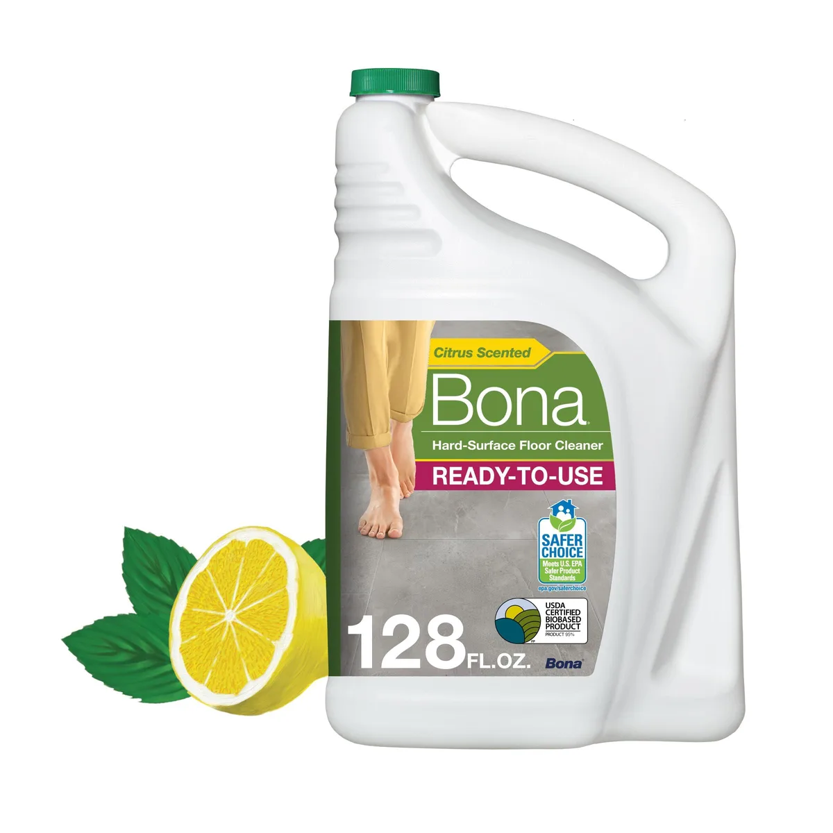 White plastic refill jug of lemon mint floor cleaner, 128 fl oz, with wide handle and splashless spout