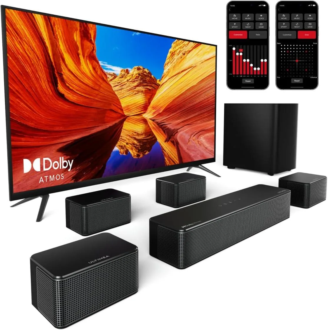 A black sound bar with four wired surround speakers and a 6.5 wireless subwoofer