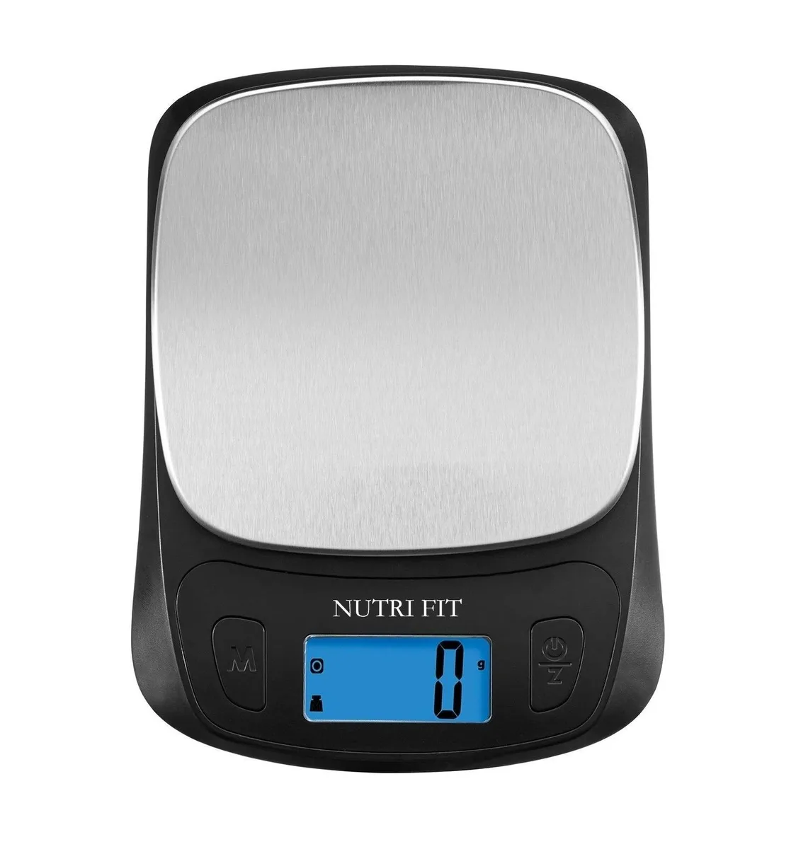 Thin black rectangular kitchen scale with stainless platform and backlit display