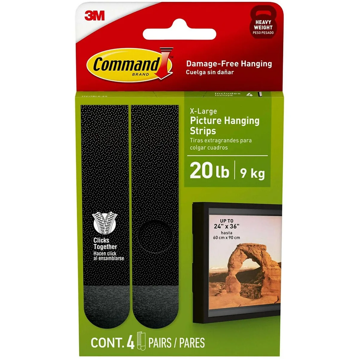 Black Command picture hanging strips in packaging, four pairs of heavyweight adhesive strips