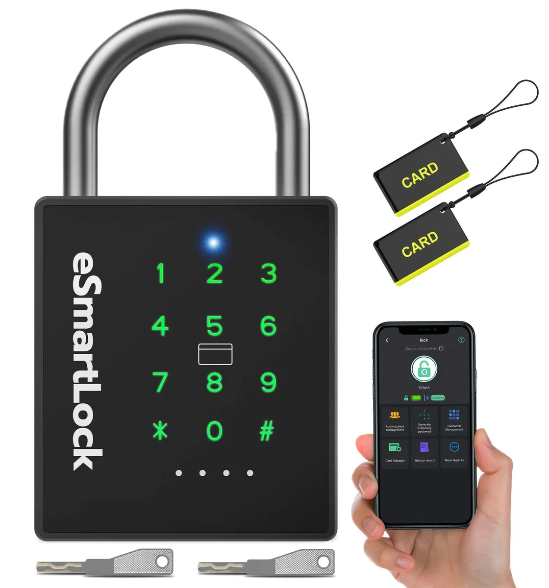 Black rectangular smart padlock with keypad and keyhole, zinc alloy body and stainless steel shackle