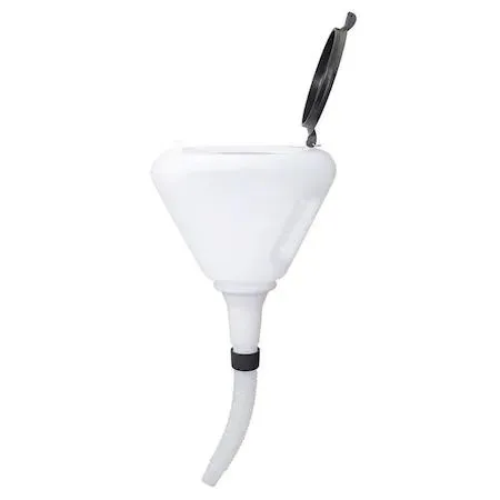 White polyethylene spillproof funnel with flexible corrugated spout and dust cover