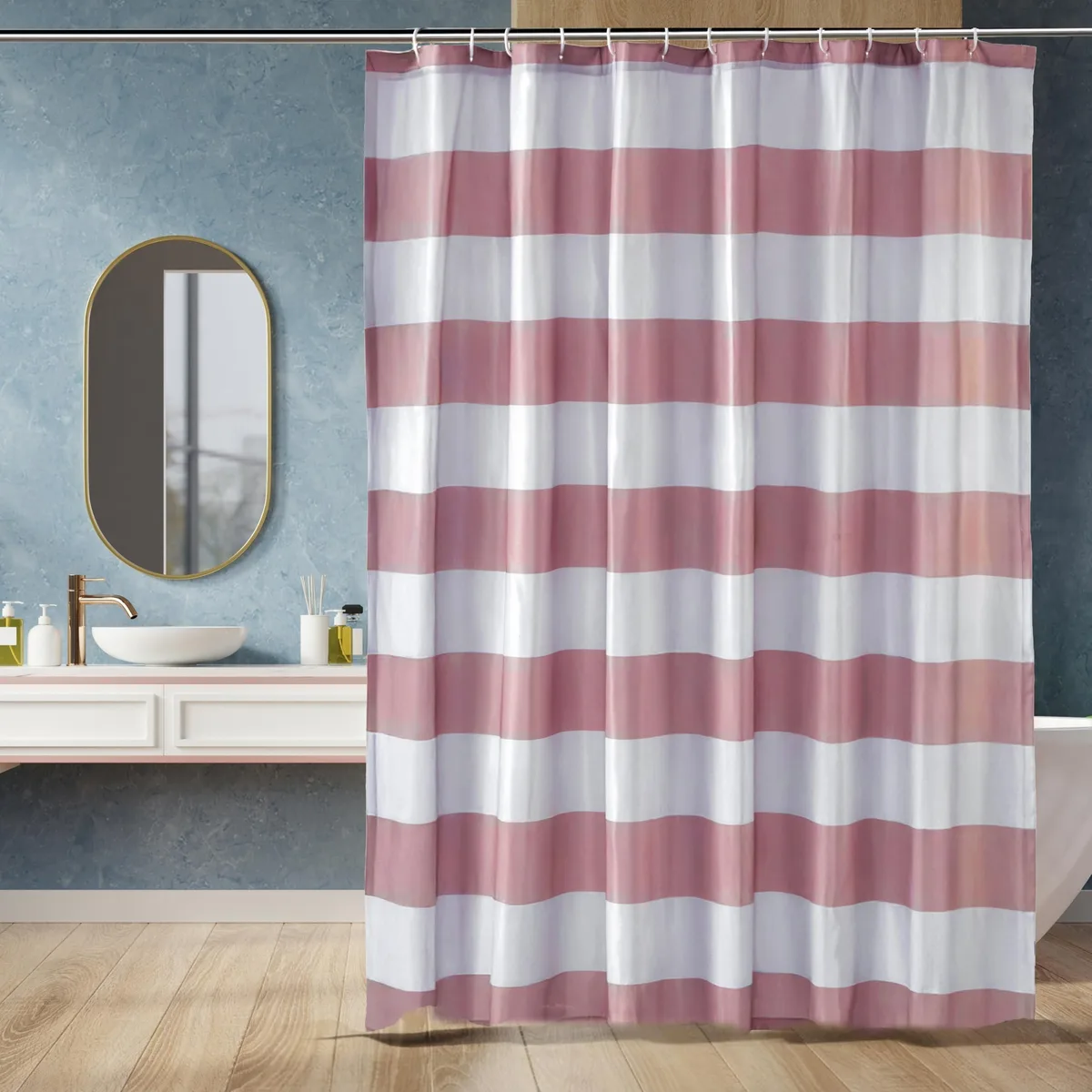 Light brown beige polyester shower curtain with white plastic hooks and metal grommets