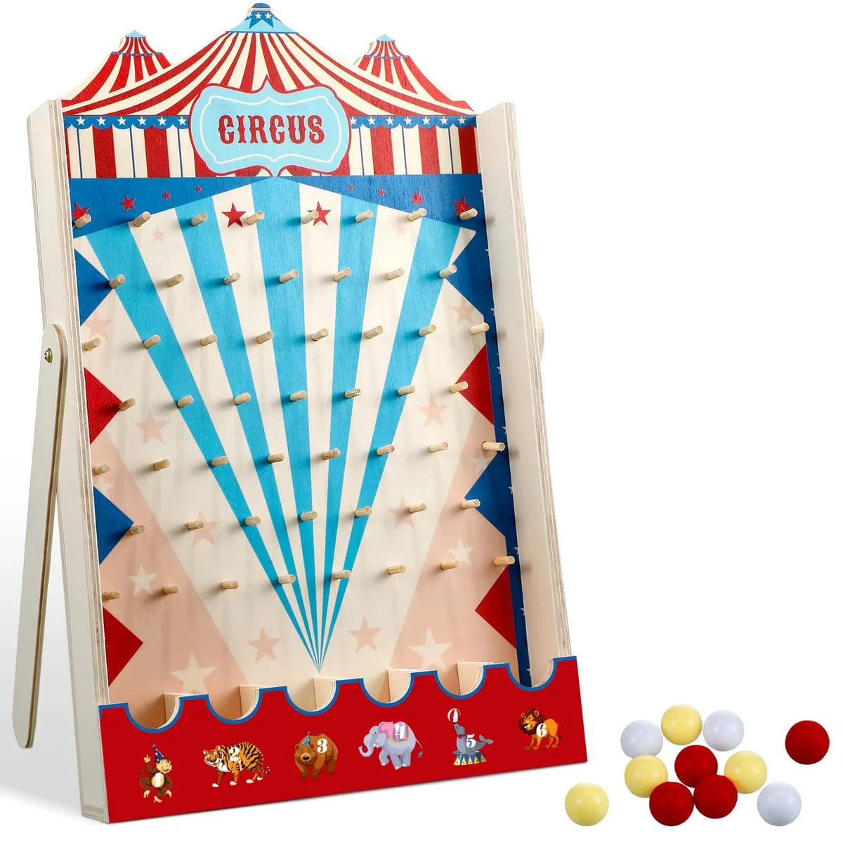 Wooden disk drop board with circus graphics and eight black plastic disks