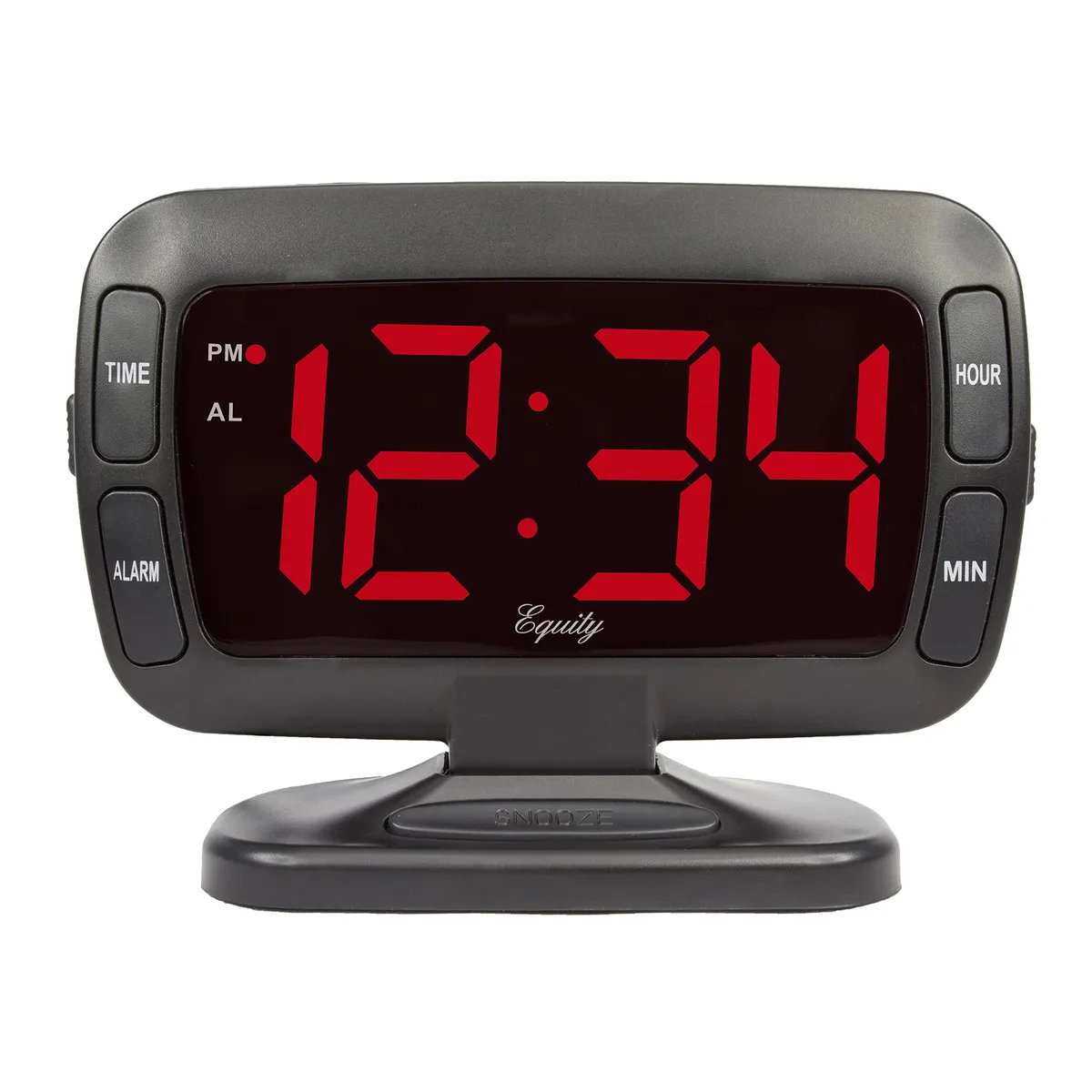 Black rectangular digital alarm clock with large tilted red LED display showing 1.8 inch digits