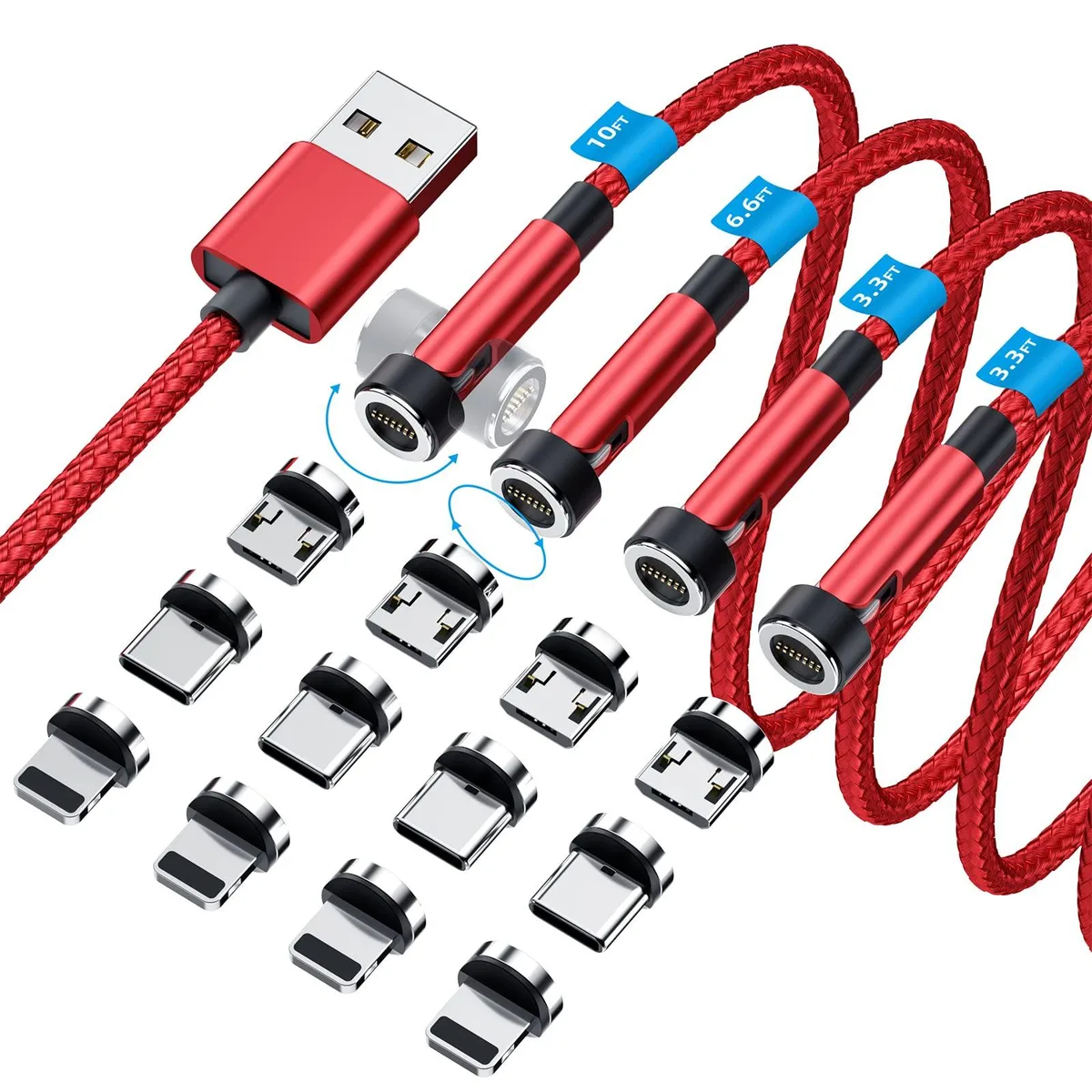 Red braided magnetic USB-C cable with rotating connector tips, 3.0 ft long