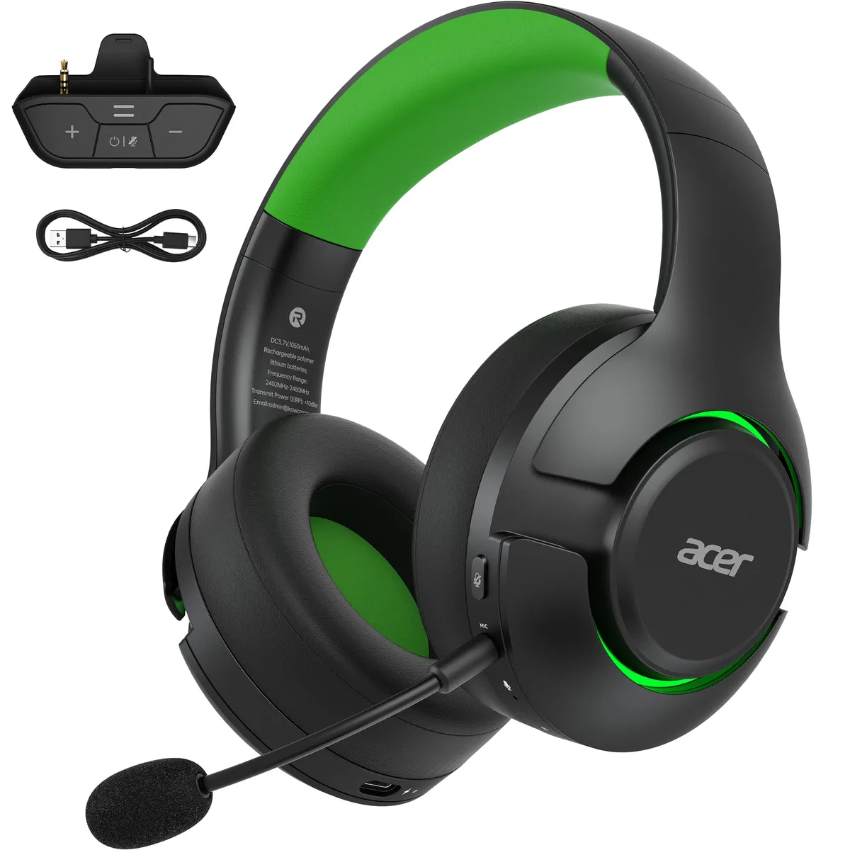 Black and green over-ear wireless gaming headset with detachable boom mic