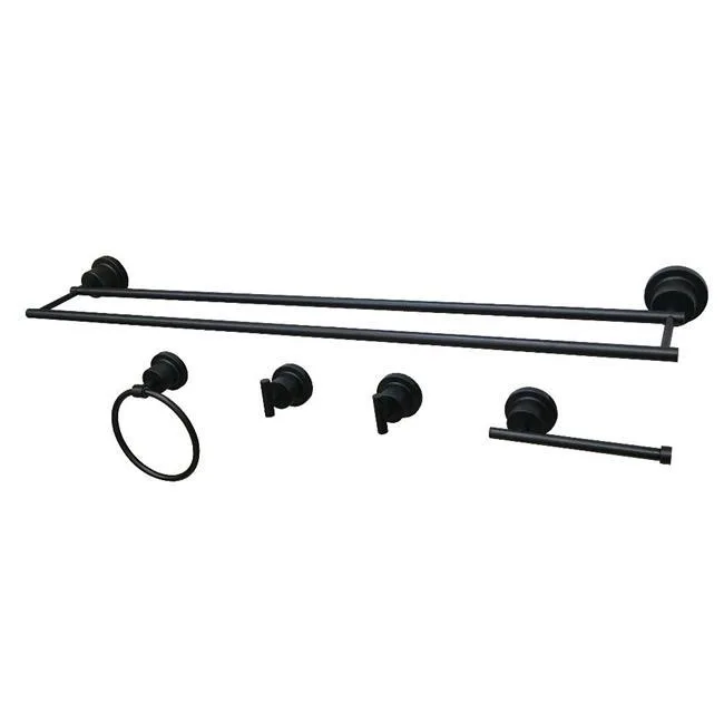 Five-piece matte black bathroom accessory set on display