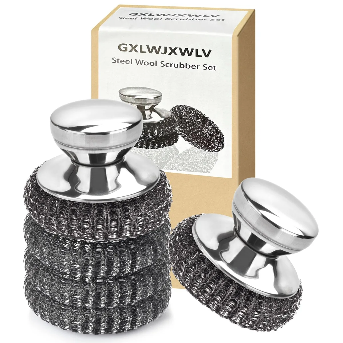 5pcs stainless steel scrubber pads with 2pcs handle — product photo
