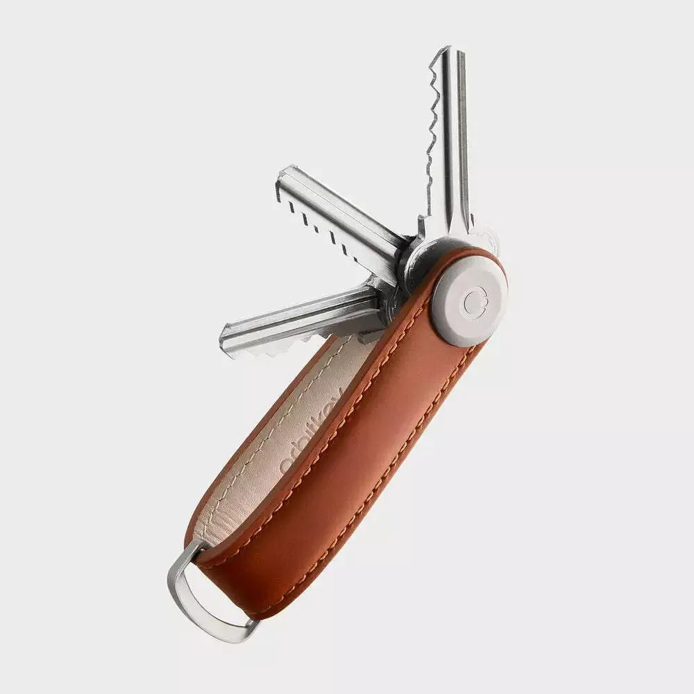 Cognac leather key organiser with D-ring, holds keys in a slim stack