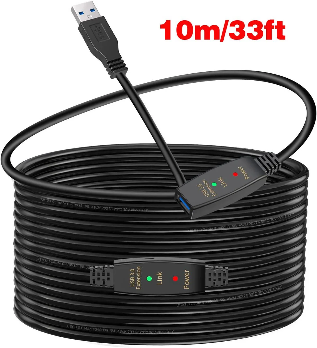 Black USB 3.0 active extension cable 33ft with male and female Type A connectors