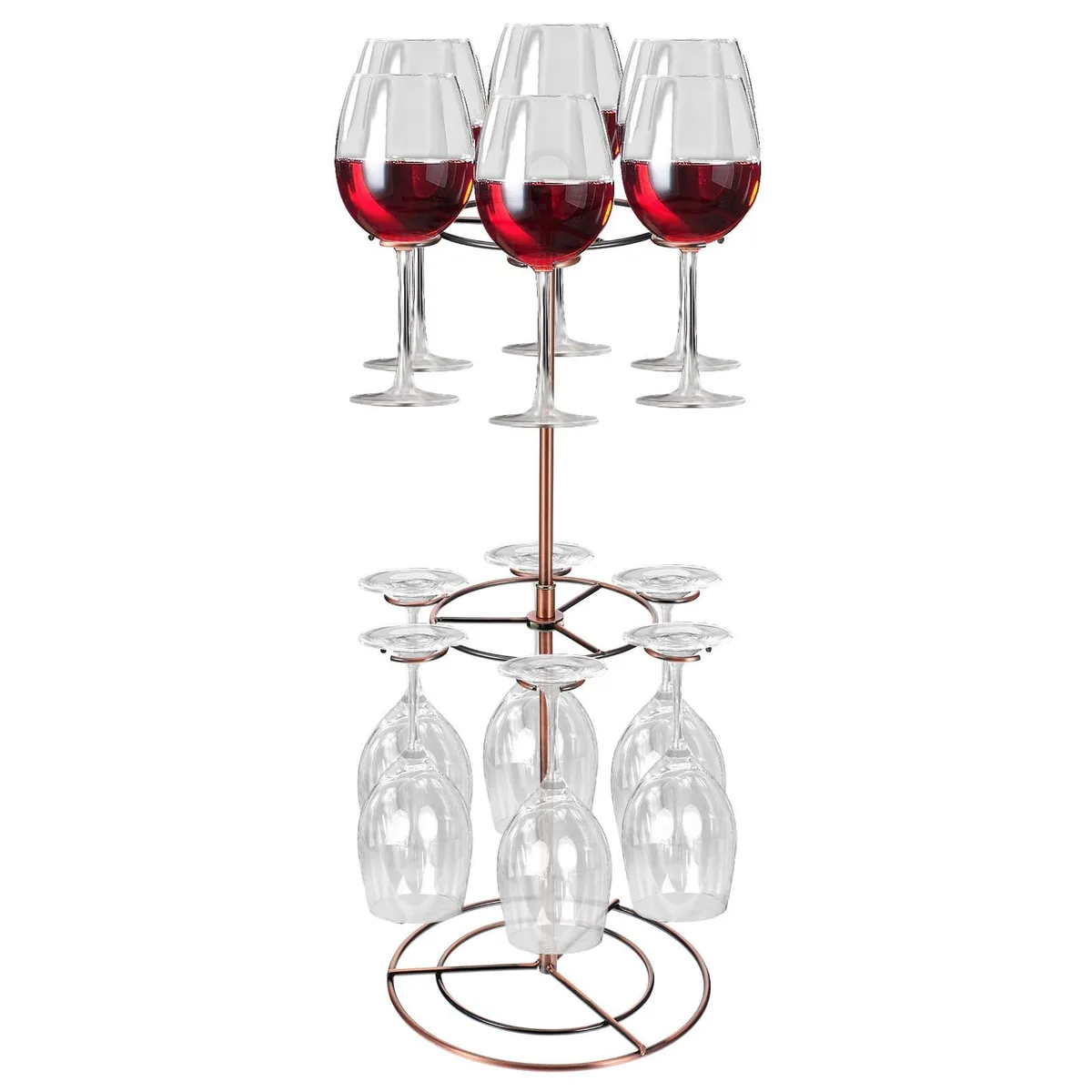 Brown iron wine glass stand with scrollwork, 12 hooks, 23 inches tall
