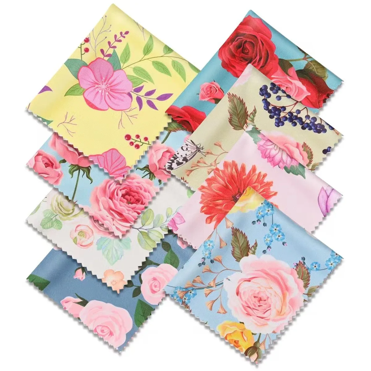 Eight multicolour floral microfiber cloths, 15 by 18 cm, individually wrapped