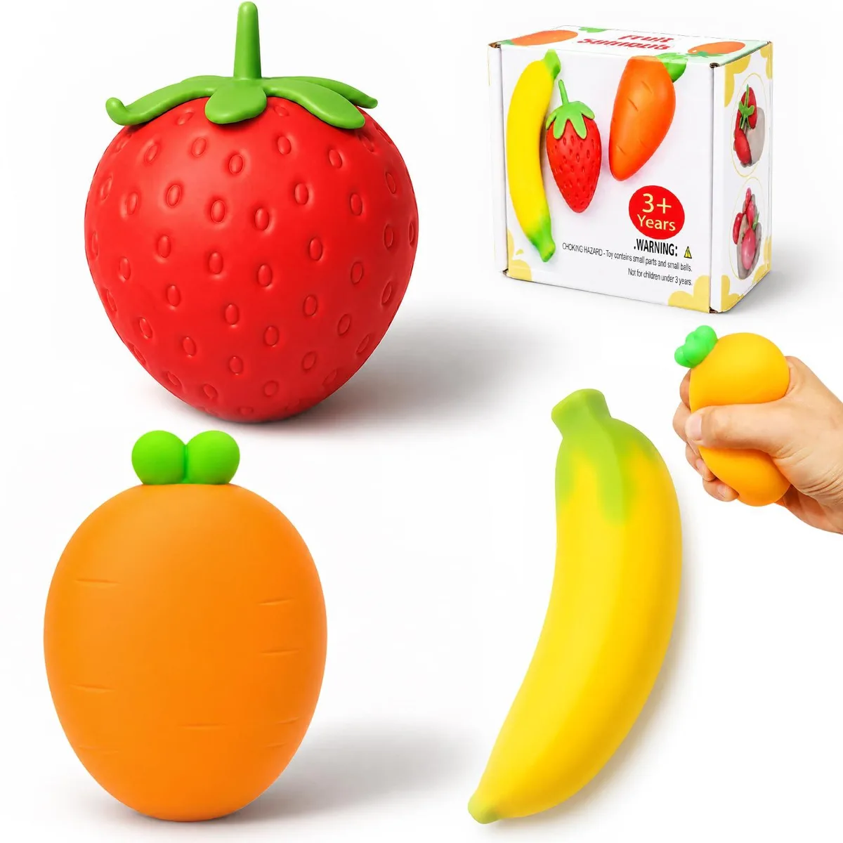  3 PCS Fruit Squishies Squeeze Toys Set Strawberry Banana Carrot — product photo