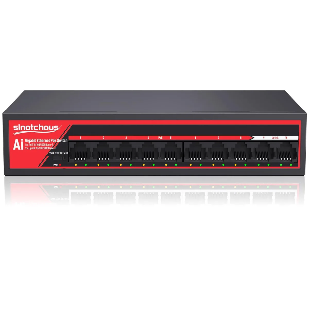 No Sew No Sew 10-Port Gigabit PoE Switch 8×PoE+ 2×Uplink 120W VLAN Extend Fanless Metal — product photo