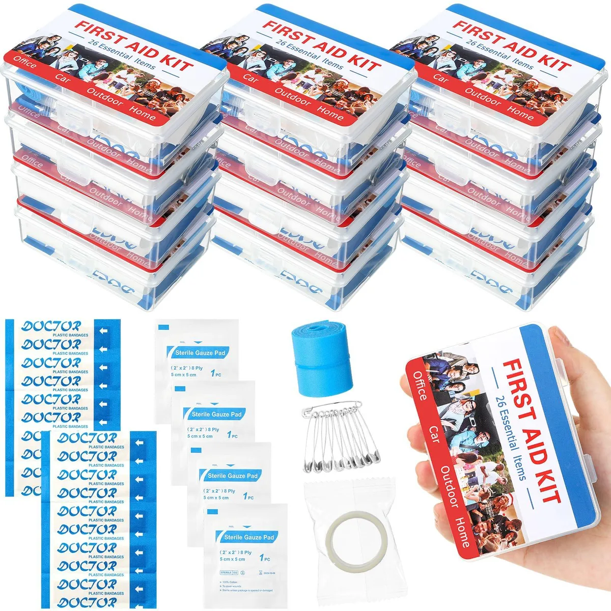 Twelve black nylon first aid boxes in a rectangular pack