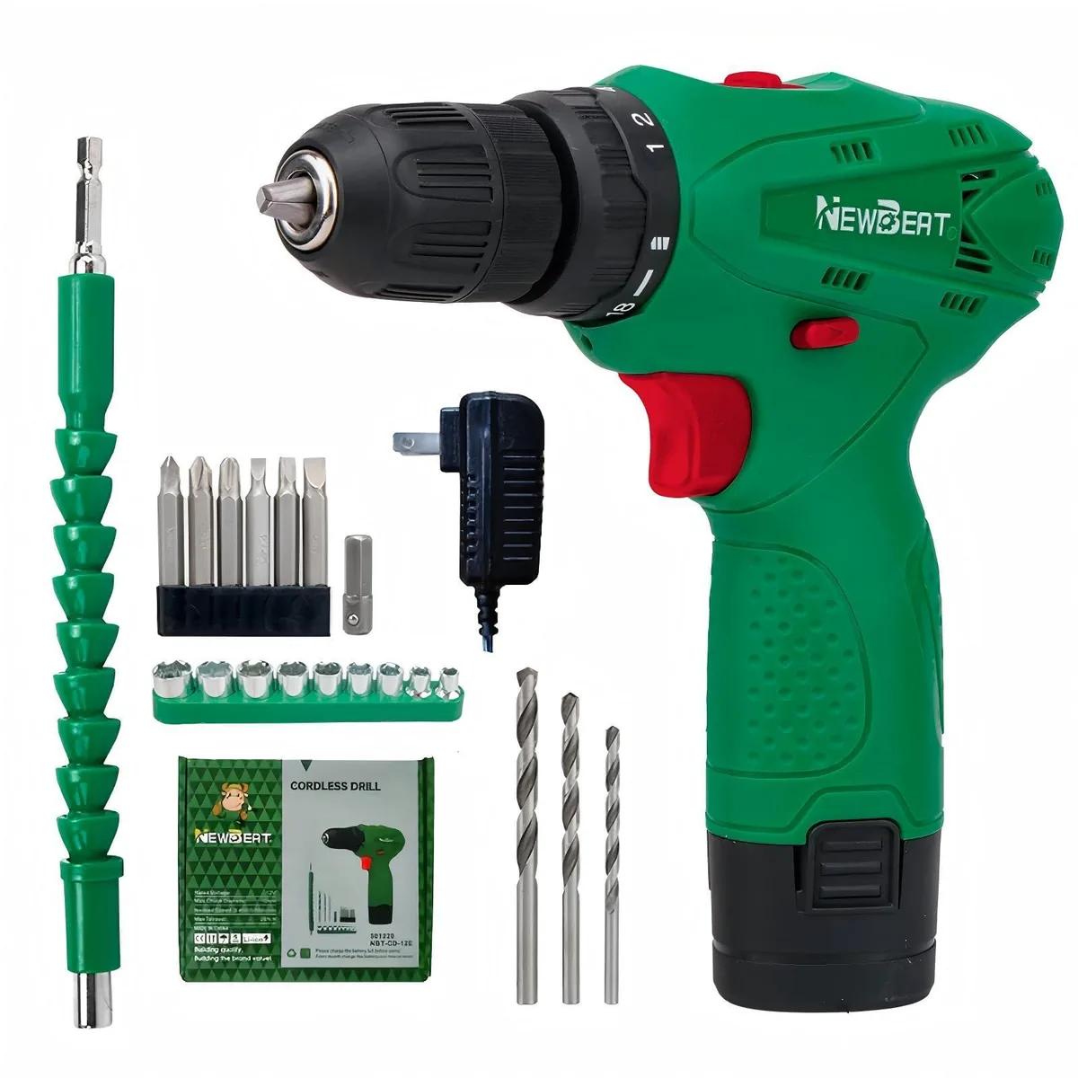 NEWBEAT 12V cordless drill driver kit in plastic, 8.26 by 7.48 by 2.75 inches, with 3/8 inch keyless chuck and LED light