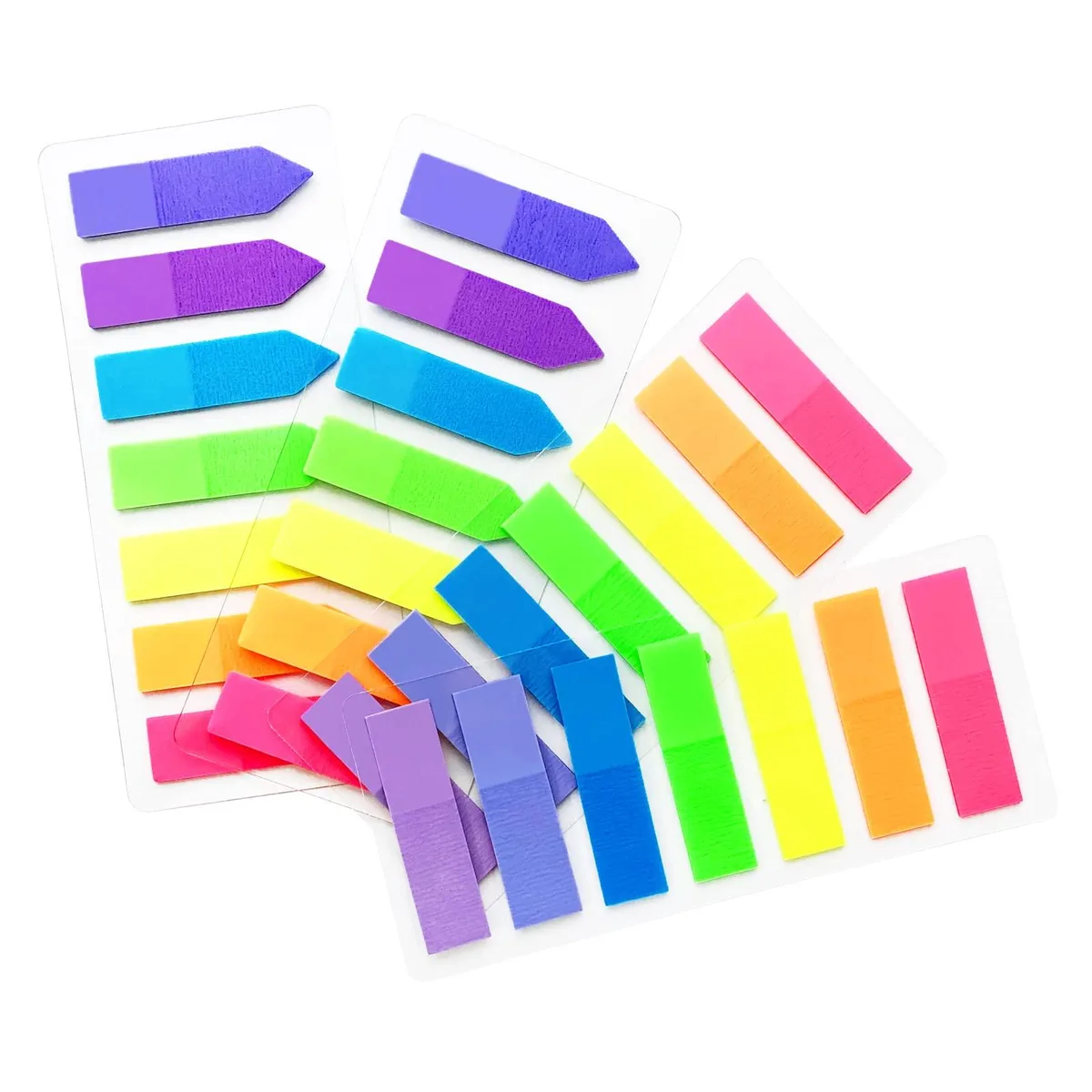 Clear rectangular sticky index tabs in small size, 560 pieces assorted neon colors on dispenser sheets