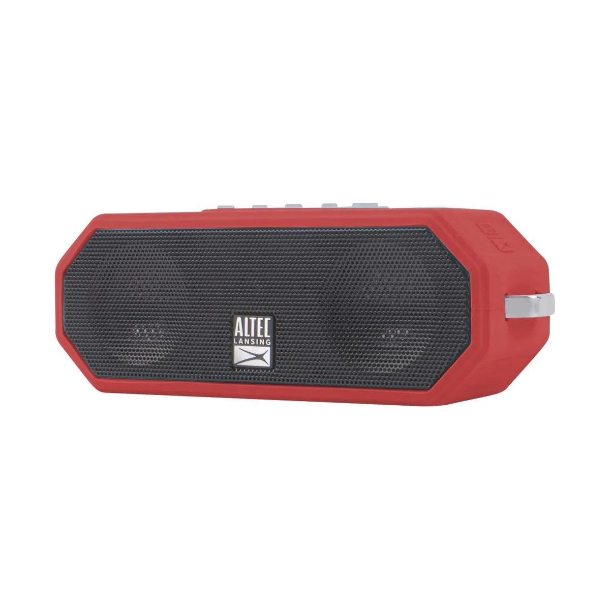 Red cylindrical portable Bluetooth speaker with rugged fabric wrap