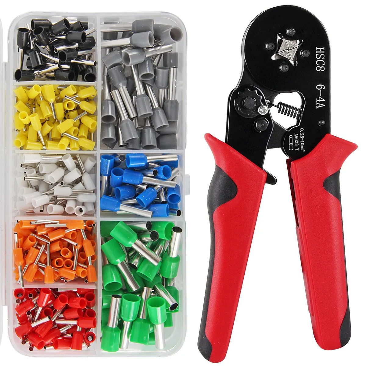 Red Klein Tools crimping pliers with 400 brass-plated wire ferrules in a case