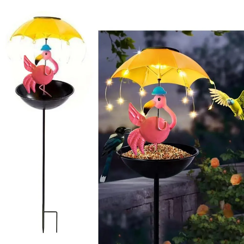 Solar-powered iron flamingo holding umbrella garden light, 86x19x18cm