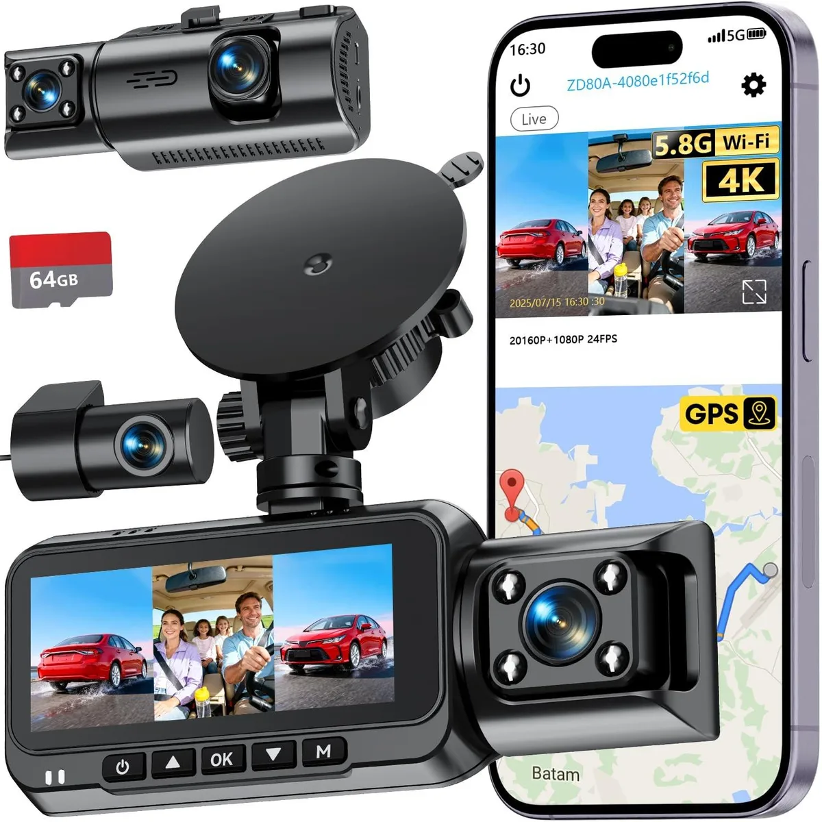 V2 Technologies V2 Technologies 3-Channel Dash Cam 4K 64GB 2 in 1 accessory — product photo