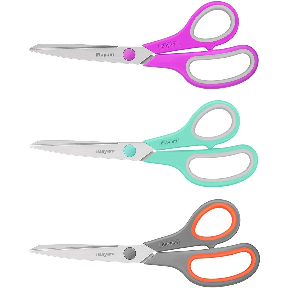 Three grey, mint and purple 8.5 inch scissors with soft comfort-grip handles